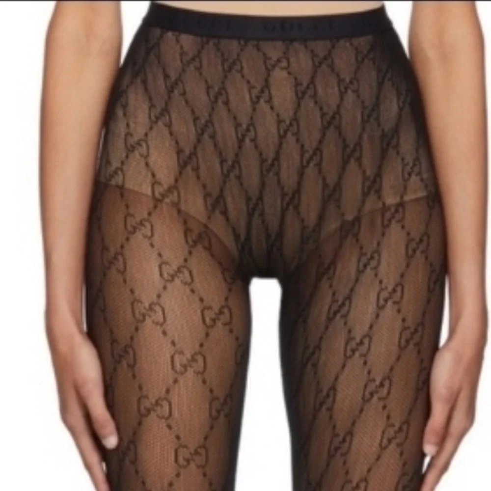 Brocade eyelash CC Monogram Logo, Nylon Pantyhose Black Tights